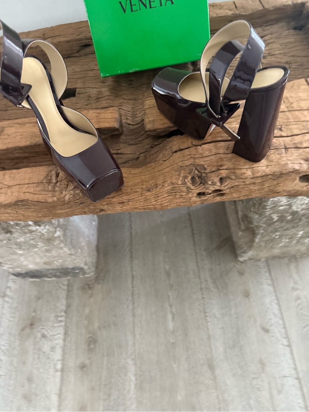 BOTTEGA VENETA Patent Platform Block Heel Ankle-Strap Pumps - Dark Brown - Picture 4 of 15